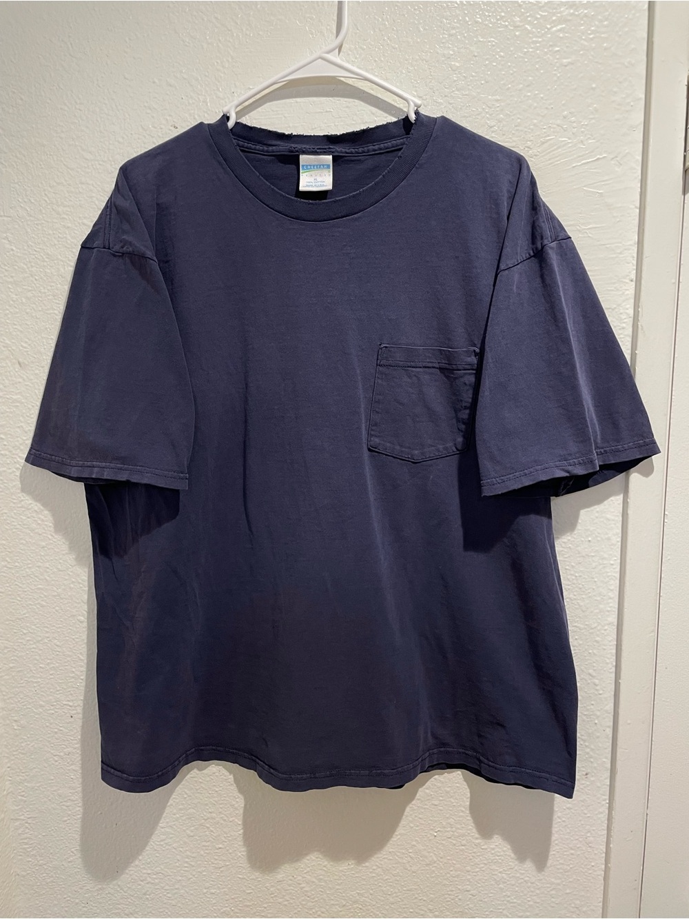 VTG 90s Cheetah Made In USA Pocket T-Shirt Thrashed Frayed Navy Blue Men’s XL